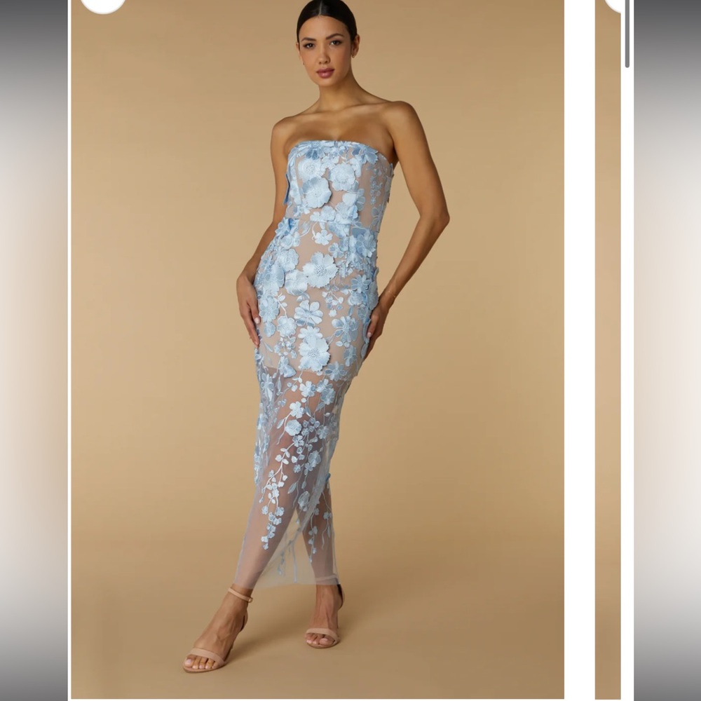 Jarlo London Willow Strapless Midi Dress in Floral 3D Lace Light Baby Blue